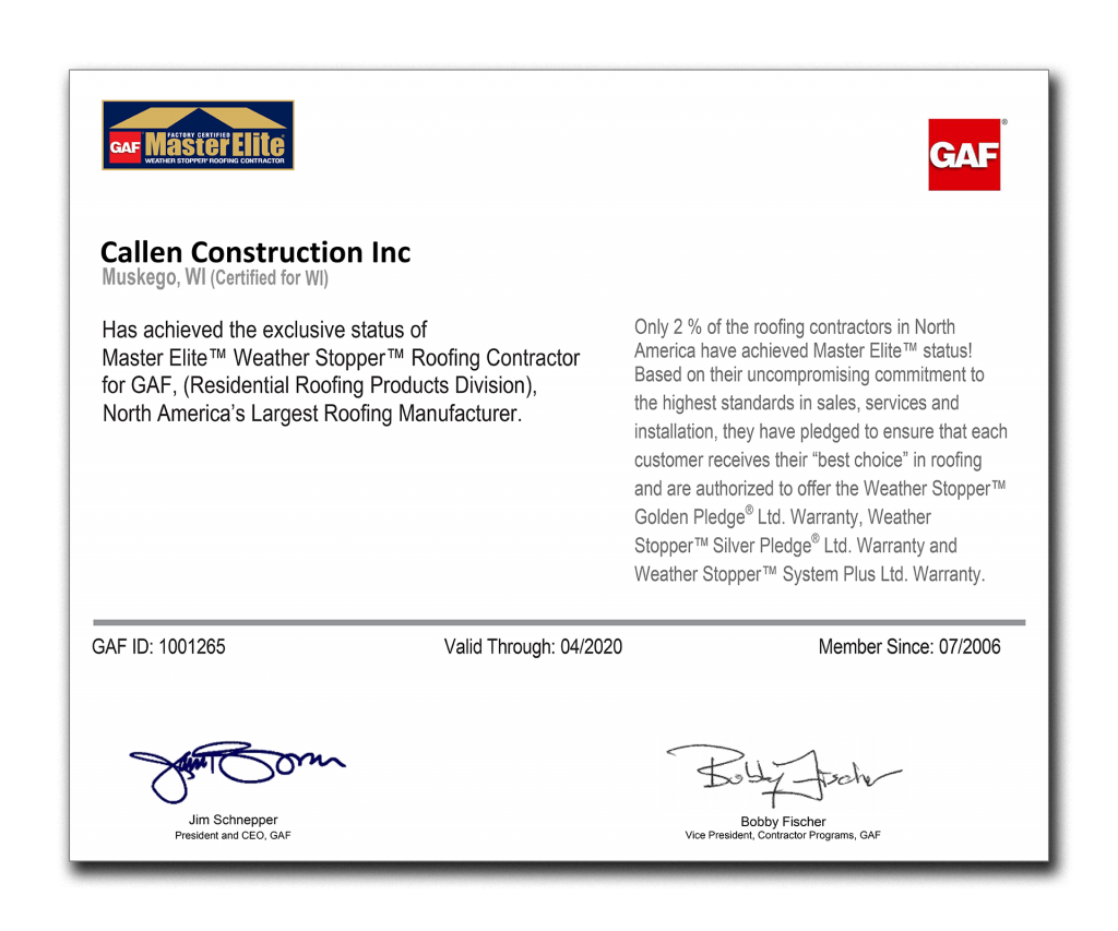 Callen Approved as GAF Master Elite Roofing Contractor